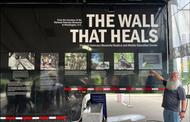 Photographs and history panels mounted on the exhibit trailer
